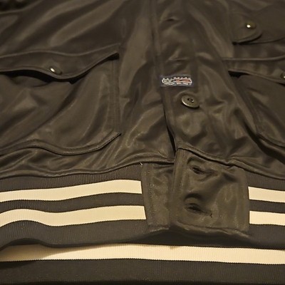 Sean John Black Varsity Jacket Men s Size M Striped Trim Buttoned Pockets Logo
