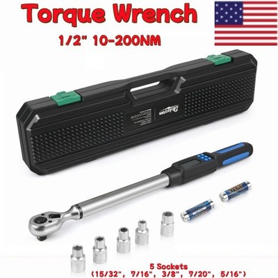 Digital Torque Wrench Adjustable 1/2'' Drive 10-200NM ±2% Accuracy Wrench