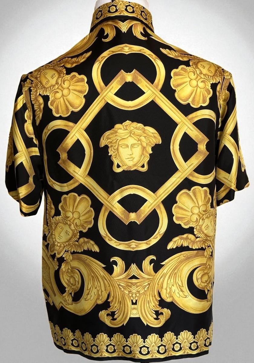 NWT $1750 Versace Heritage Silk Short Sleeve Shirt Black & Gold