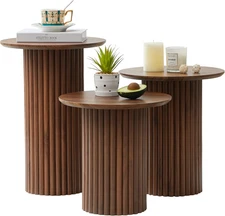 Round Nesting Coffee Table Set of 3,Mid Century Modern Fluted Coffee and End Tab