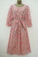 M&S PINK FLORAL COTTON MIDI TEA SUN DRESS SIZE 16 R BNWT PUFF SLEEVES TIE WAIST