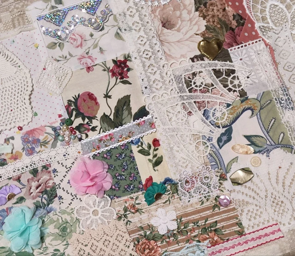 Slow stitch junk journal kit Vintage cotton lace fabric scraps Sewing Craft K#2 - Image 2 of 4