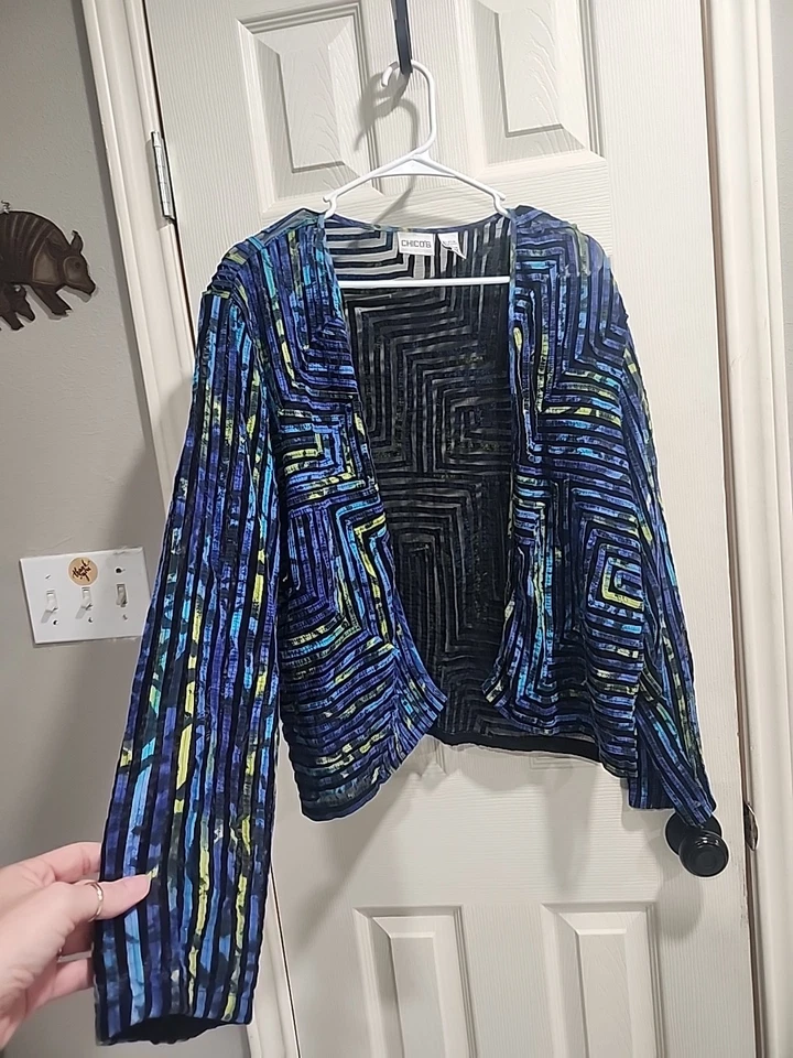 Chaqueta Blazer Funky Chico's Talla 2 Grande Azul Verde Malla Todas las Piezas Art-to-Wear Foto 2 de 4