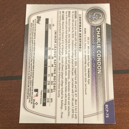 Bowman Chrome Prospects Charlie Condon #BCP-75 Rookie 1st Colorado Rockies 2024 - Picture 2 of 2