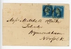 Fine pair 1841 2d blue plate 4 on cover London to Norfolk