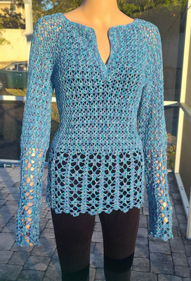 Handmade Crochet Blouse Women s S/M   Long Sleeve Purple Blue Sparkle Acrylic