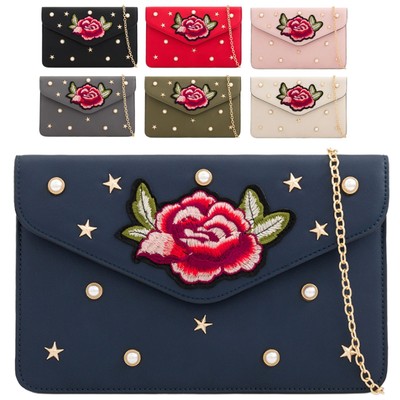 Ladies Faux Suede Sequined Clutch Bag Star Red Lips Evening Handbag Purse KH2093