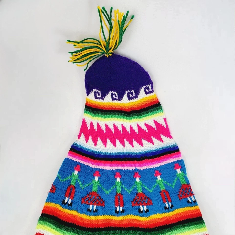 Vintage Andean Chullo Knit Hat Colorful Rainbow Festive Beanie Cap Ear Flaps OS - Image 2 of 4