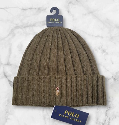 Polo Ralph Lauren Men's Wool Blend Ribbed Cuff Knit Beanie Hat Olive Green NWT