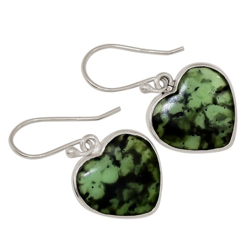 Herz - natürliche kanadische Nephrit Jade 925 Silber Ohrringe Schmuck ALLE-18654