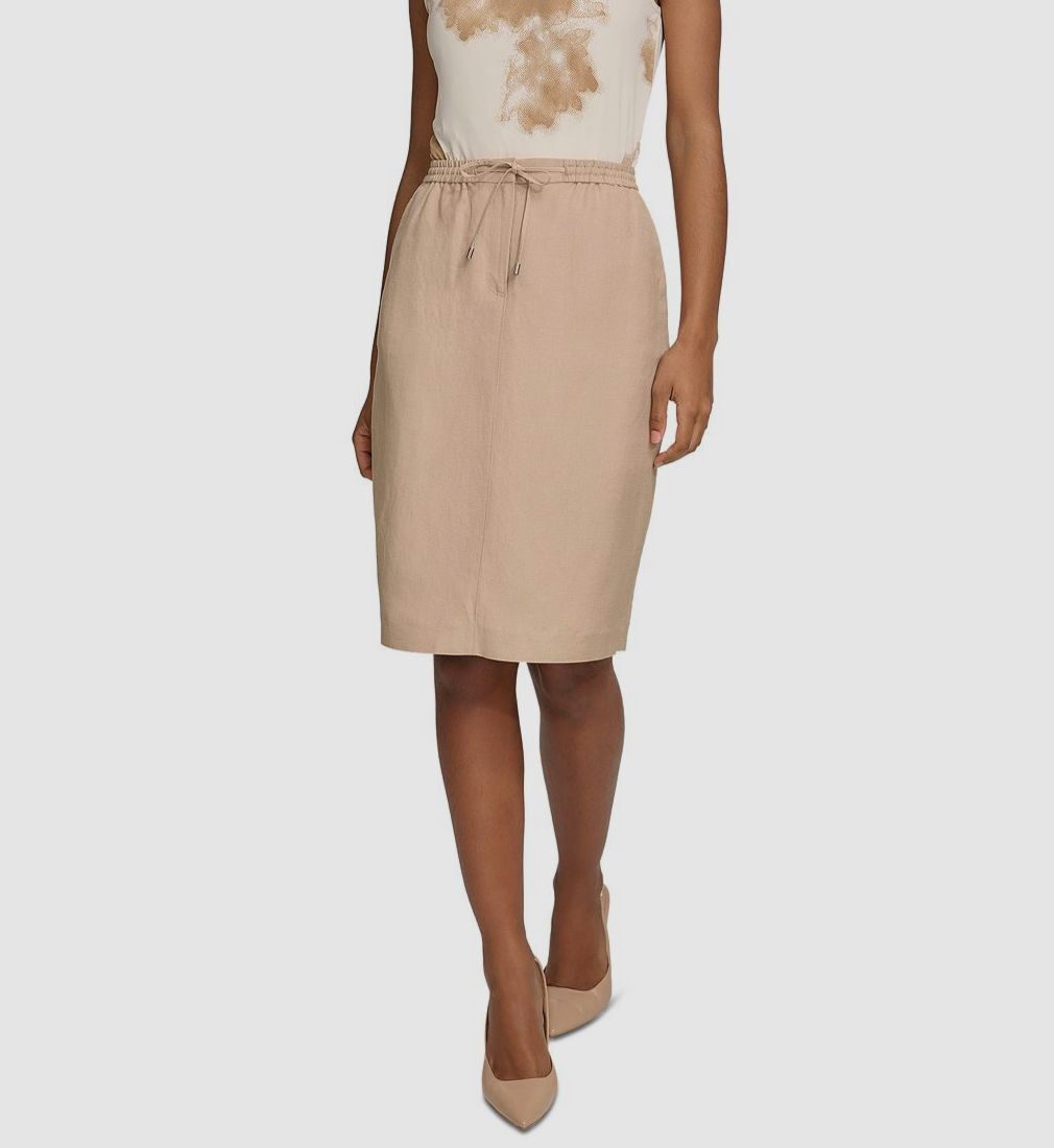 Calvin Klein Women's Beige Linen Drawstring Waist Pencil Skirt