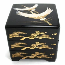 Japanese Stack Bento Box Lunch Container 3-Tiers Lacquered Cranes Made in Japan
