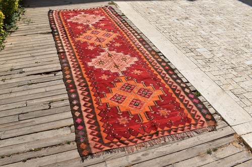 Turkish Kilim 53''x137" Handwoven Kars Kilim 136x350cm Vintage Natural Wool Rug