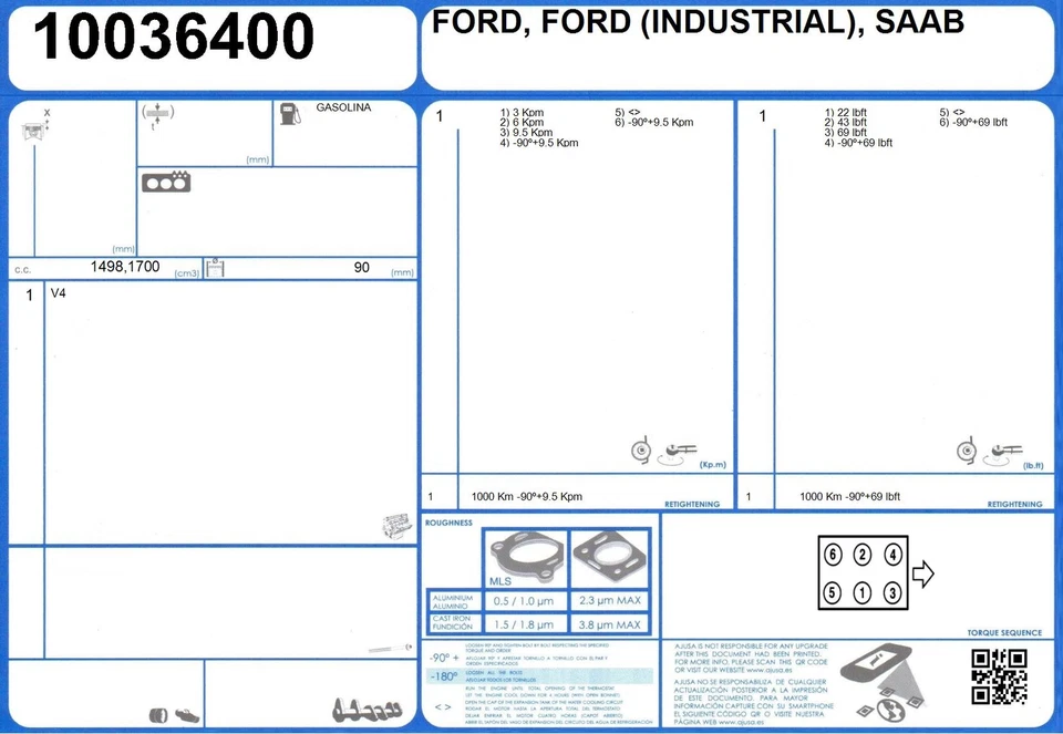 Full Engine Rebuild Conversion Gasket Set FORD CAPRI 1.7 65 V4 (1962-/1968) - Image 2 of 2