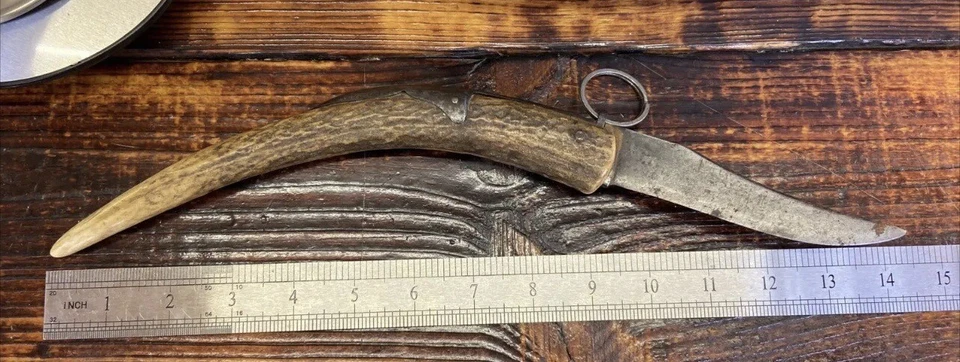 ANILLO ANTIGUO TIRAR CUERNO DE CIERVO PLEGABLE CAZA NAVAJA ESPAÑOL CUCHILLO LARGO Foto 4 de 4