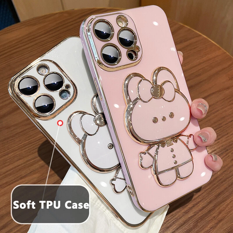 For iPhone 14 Pro Max 13 12 11 XS XR Cartoon Rabbit Invisible Mirror Stand Case - Image 2 of 4