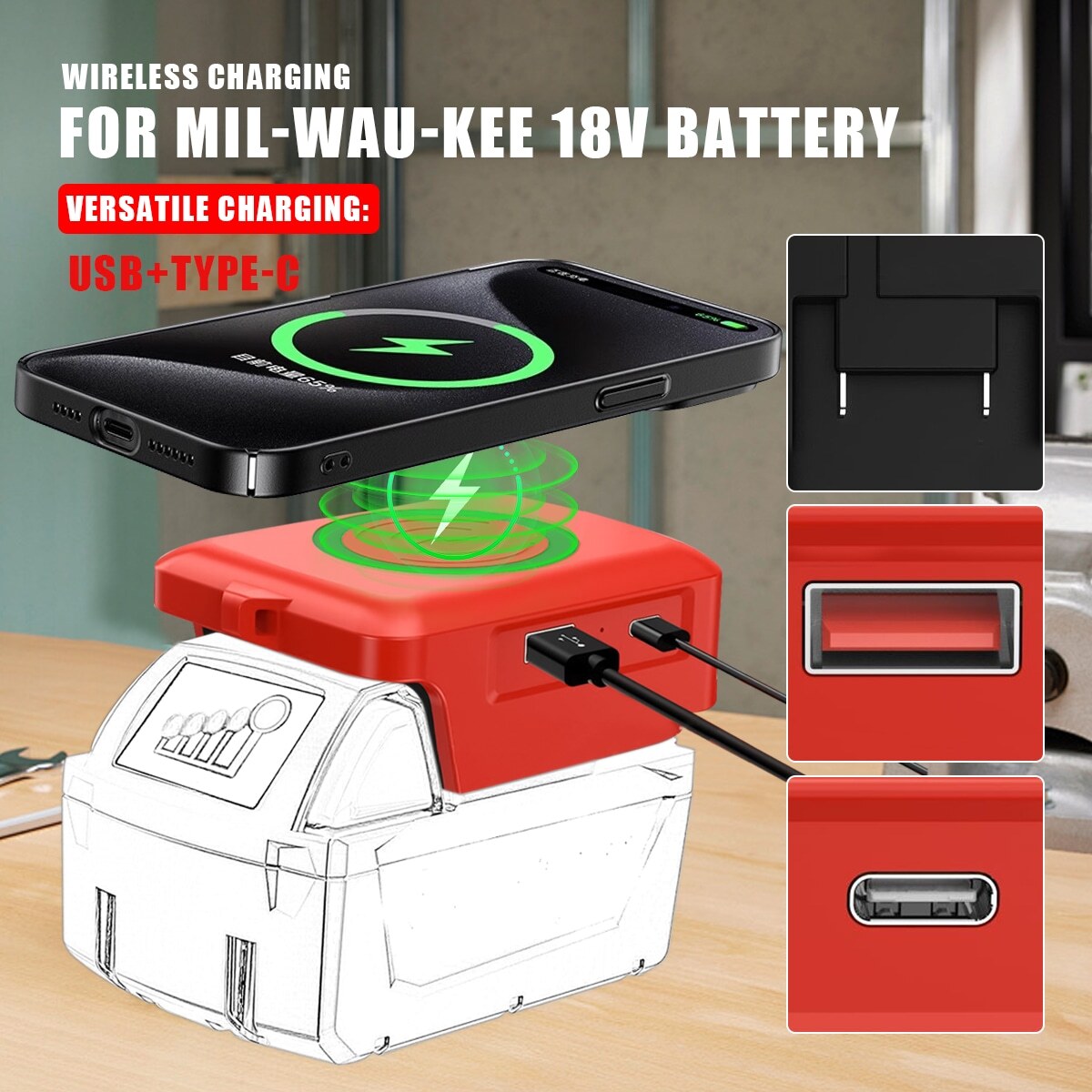 USB+Type C Wireless Phone Charger Adapter Power Source For