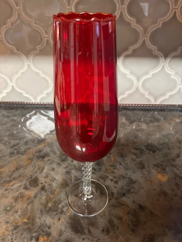 Empoli Glass Ruby Red Clear Diamond Glass Ring Stem 12” Vase/Glass 12” Red White