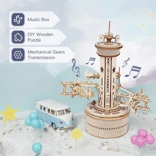 ROKR 3D Wooden Puzzle Airplane Tower Music Box DIY Mechanical Building for Gifts