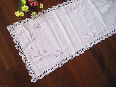 Pretty Purple Flower Hand Embroidery Bobbin Lace Cotton White Table Runner CL