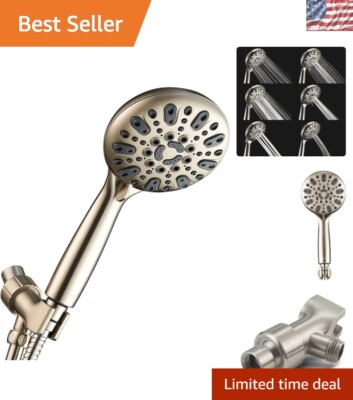 Elegant Brushed Nickel Shower Head with Brass Bracket - 6 Settings Included