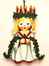 BLONDE GIRL w CANDLES - SANTA LUCIA - Glitter CHRISTMAS ORNAMENT * Vtg Img
