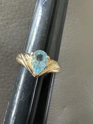 Signed JC Gold Plate Blue Crystal Solitaire Ring Size 9