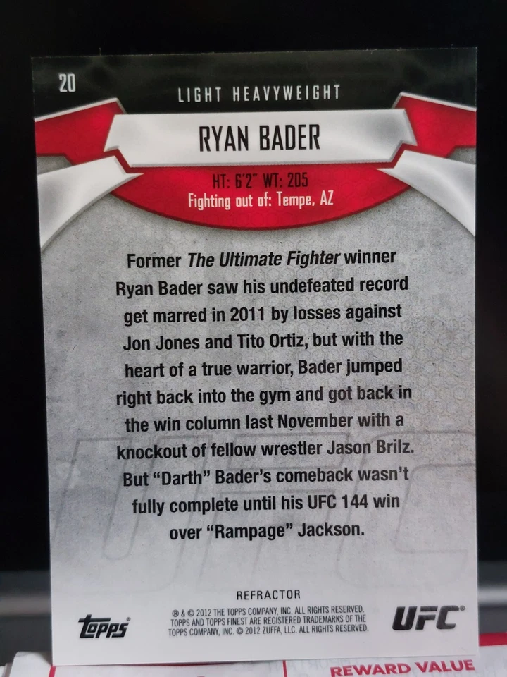 Ryan Bader #20 2012 Topps UFC Finest Blue Refractor #004/188 - Image 2 of 2