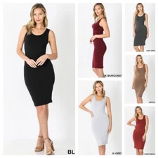 WOMEN COTTON SPANDEX SCOOP NECK SLEEVELESS TANK  BODYCON PENCIL MIDI DRESS S-XL