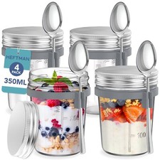 HEFTMAN Breakfast Jars 350ml/12Oz Overnight Oats Silver Lid With Spoon 4 Pack