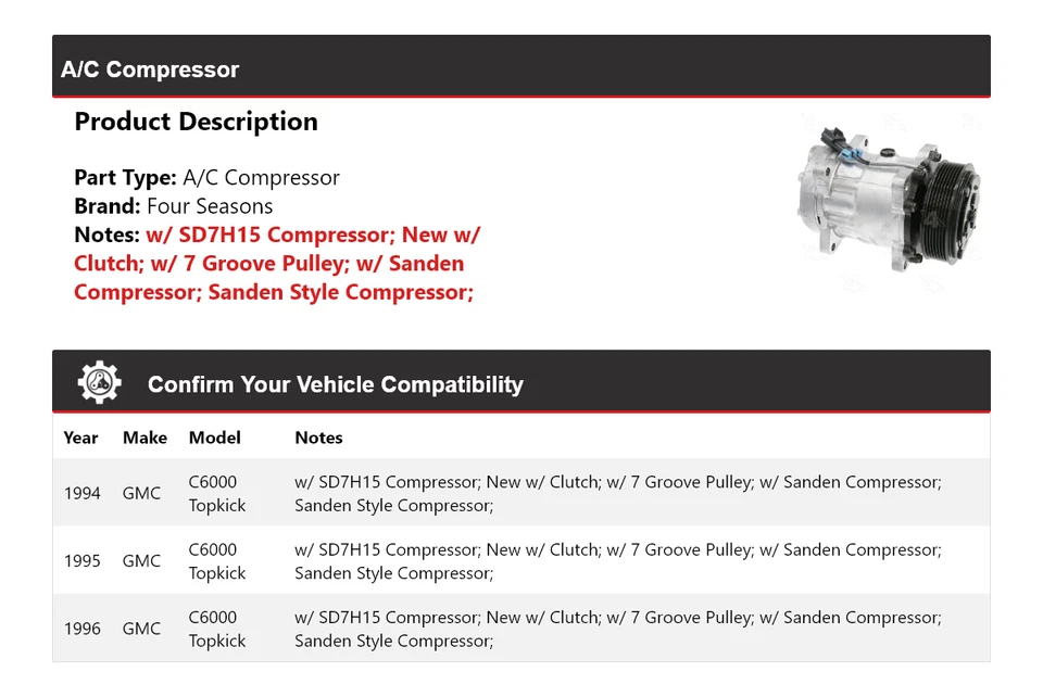 For 1994-1996 GMC C6000 Topkick A/C Compressor 4 Seasons 1995 - Image 2 of 4