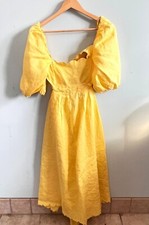 Mable Yellow Midi Dress With Scalloped Neckline & Puff Sleeves - Sz. M