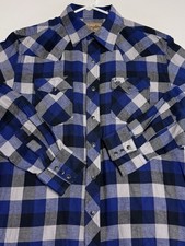 Wrangler Mens Button-Up Long Sleeve Pearl Snap Western Plaid Blue Shirt Large
