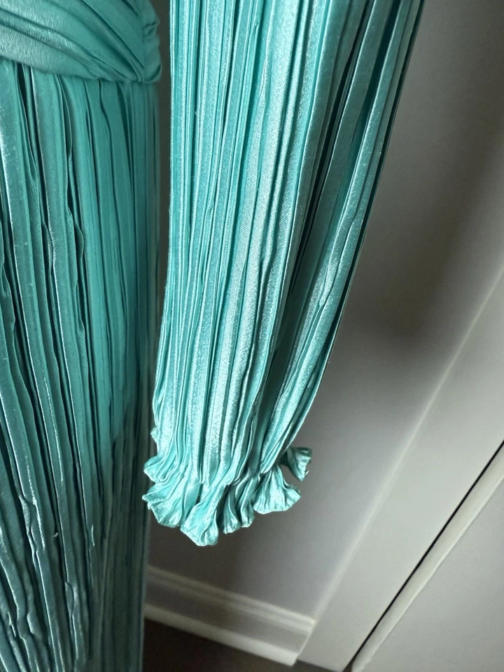 Vestido de Noche George F Couture Vintage Años 80 12 Estrás Aqua Pliegues Acordeón Foto 3 de 4