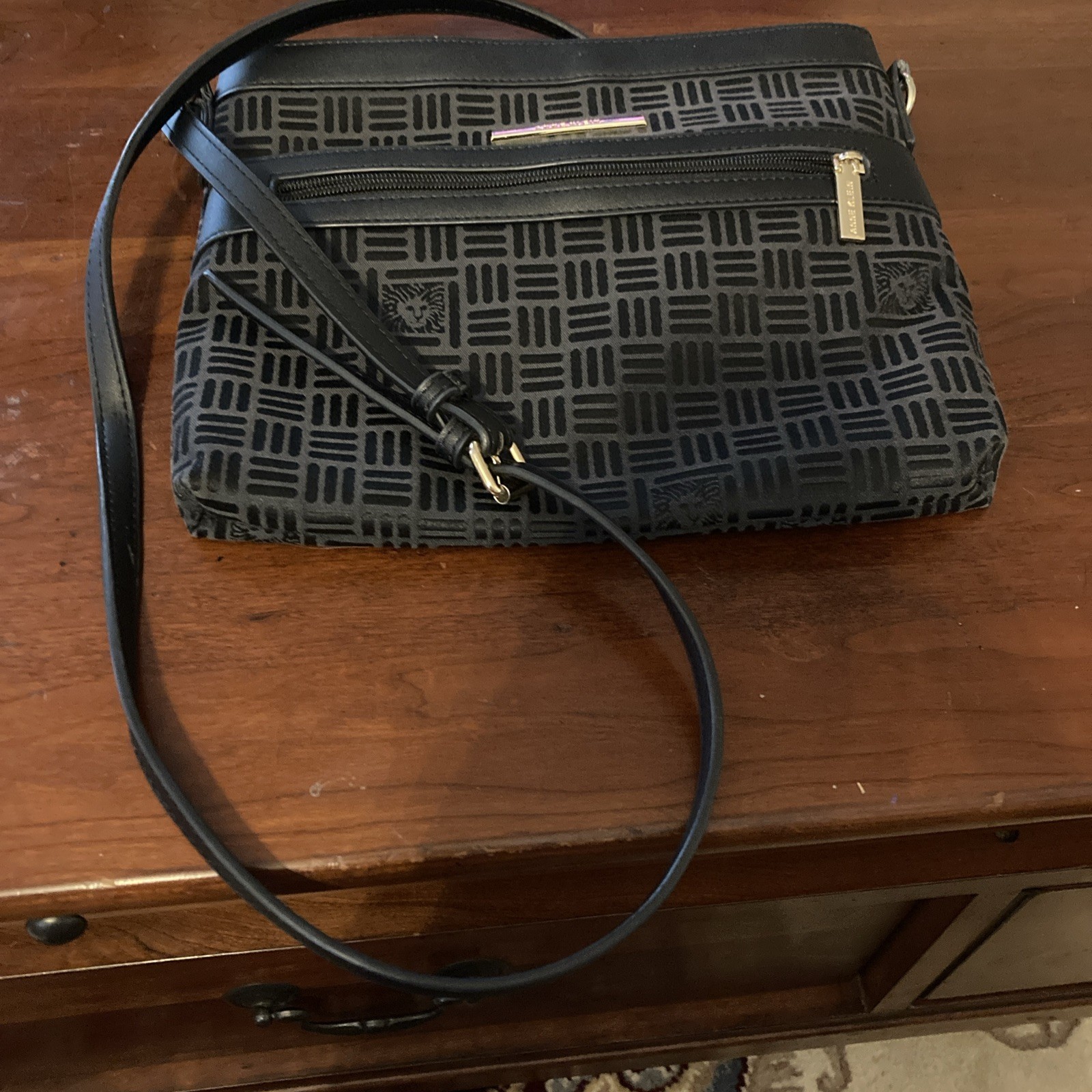Anne Klein Crossbody Bag Womens Small Black Grey Geometric Logo Gold Hardware