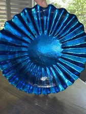 Vintage BLENKO Glass Bowl Dish Cobalt Blue Art Glass Starburst  Heavy!! 11 In