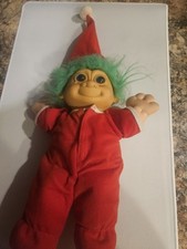 Russ Berrie Troll Doll Christmas Elf 11" Green Hair Santa Hat Sleeper Vintage