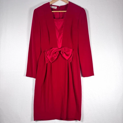Abito da sera vintage TALBOTS 80 stile rosso manica lunga fiocco davanti San Valentino 6