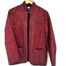 EUC Chico s Quilted Jacket Red Black Floral Women s 1 M Lined Artwear Polished