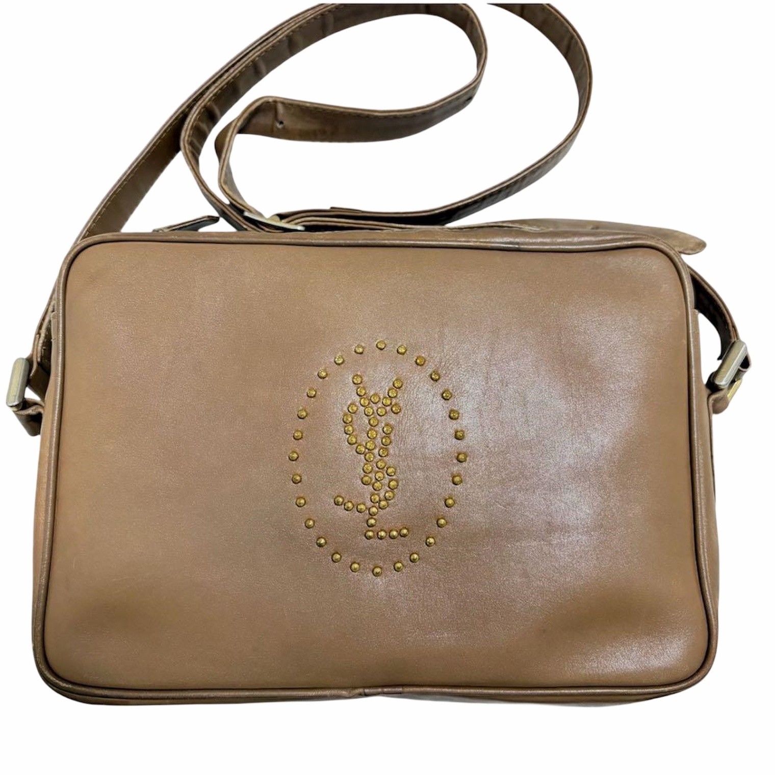 YSL Saint Laurent Vintage Camera Bag Studded Leather Beige Used Japan