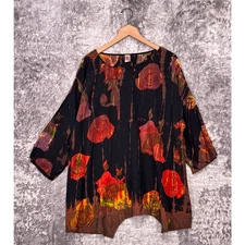 Citron Santa Monica Top XL Womens Black Floral Rose Tunic Blouse