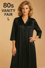 1980s Vanity Fair Black Nylon Button Front Robe Nightgown L Lace Trim One Pocket