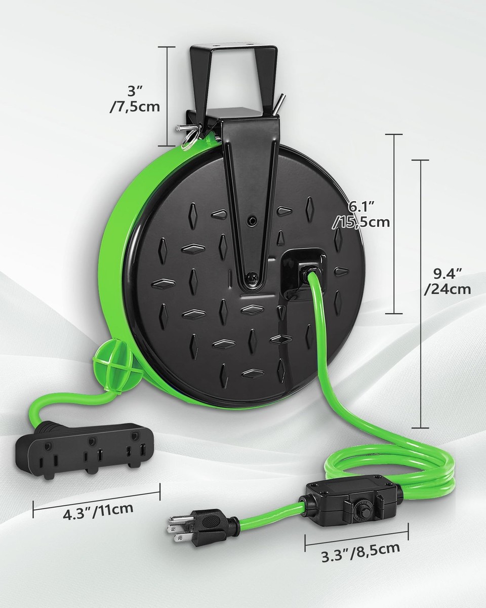WILAWELS 30ft Retractable Extension Cord Reel 16/3 SJTW 3 Outlets