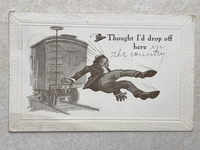 N887 Vintage Postcard Cartoon Man Jumping off Train ''thought I'd drop off here''
