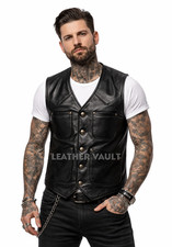 Men  s Black Genuine Leather Motorcycle Biker Vest Classic Riding Club Vest