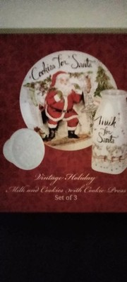 Fitz and Floyd Vintage Holiday Three Piece Milk and Cookies Ceramic Holiday Set