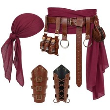 Pirate Costume Accessories Renaissance Bandana Head Scarf Belt Set Brown