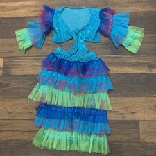 Girls Sz 7 colorful ruffled dance costume sequined two-piece top  layered skirt