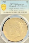 1921 $1 SILVER PEACE DOLLAR PCGS GENUINE UNCIRCULATED DETAIL HIGH RELIEF