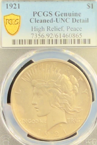 1921 $1 SILVER PEACE DOLLAR PCGS GENUINE UNCIRCULATED DETAIL HIGH RELIEF